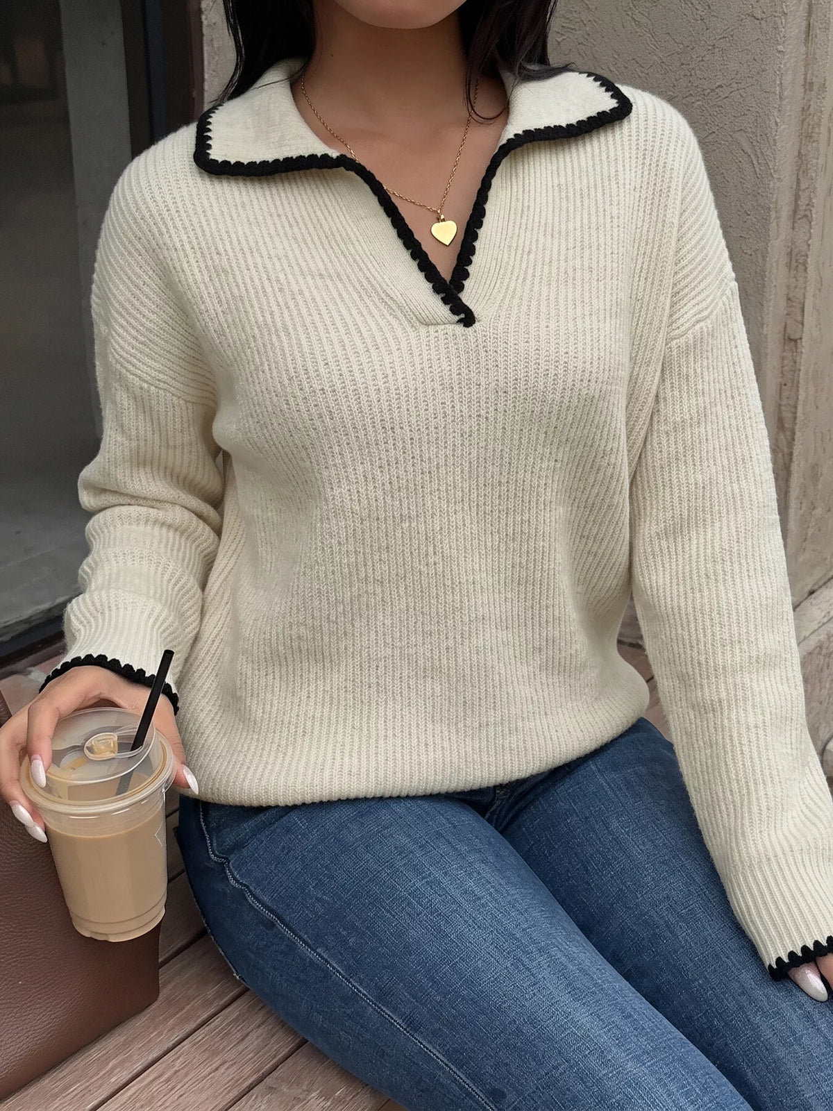 Contrast Trim Dropped Shoulder Sweater in Khaki, view 5