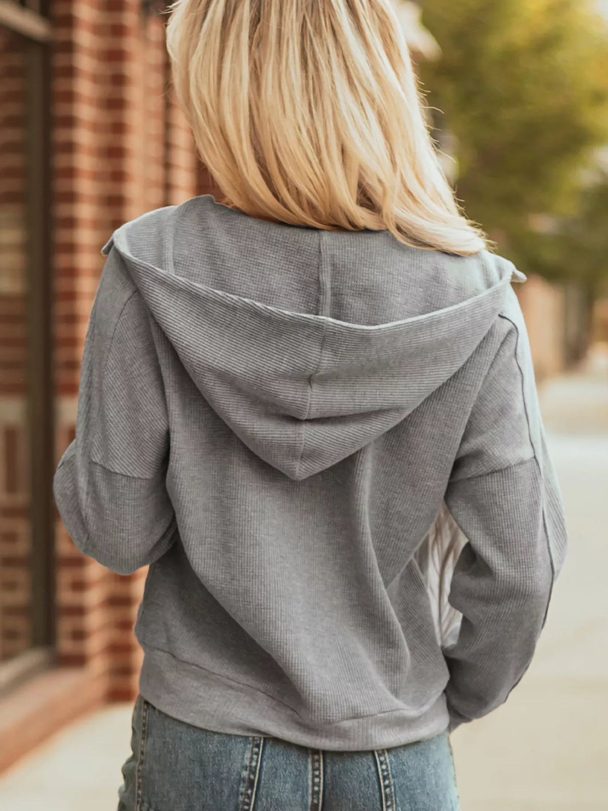 Waffle Splicing Zip Up Front Button Hooded Jacket in Gray, view 3