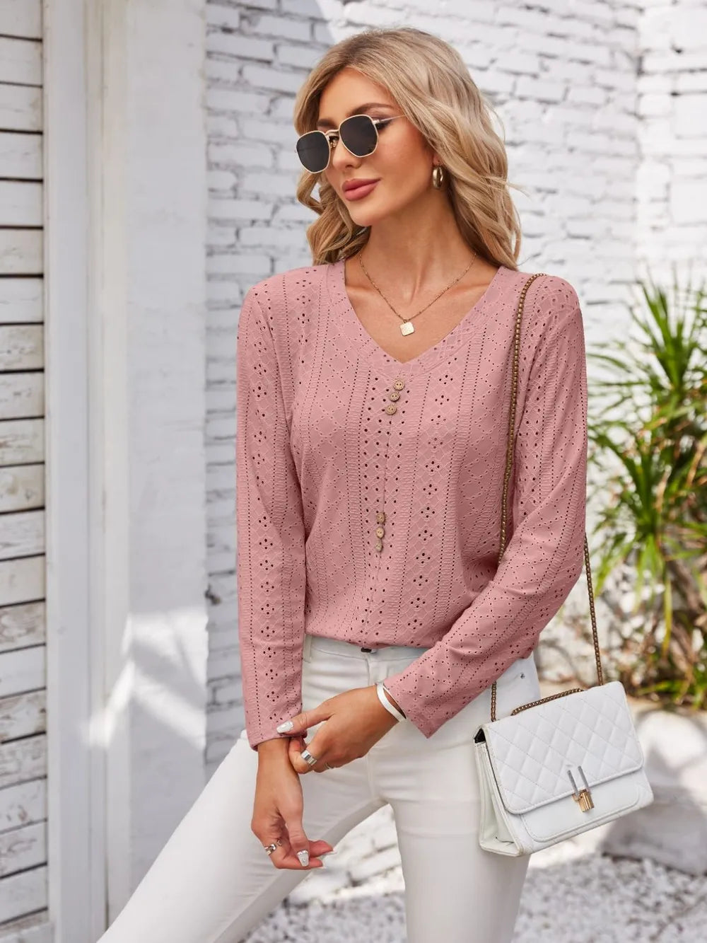 Decorative Button Openwork V-Neck T-Shirt - Lilixa.store