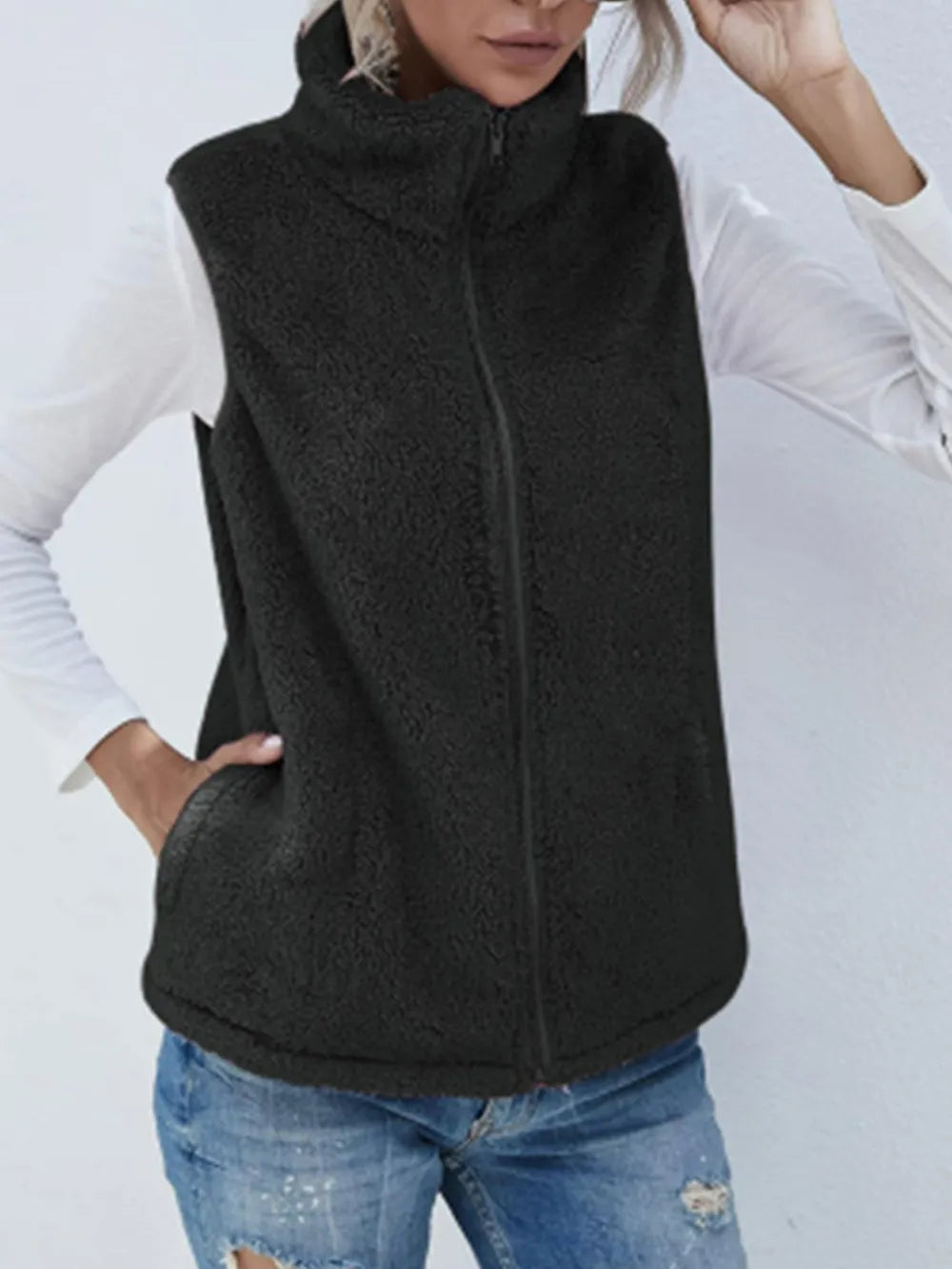 Full Size Fuzzy Zip Up Vest Coat with Pockets in Black