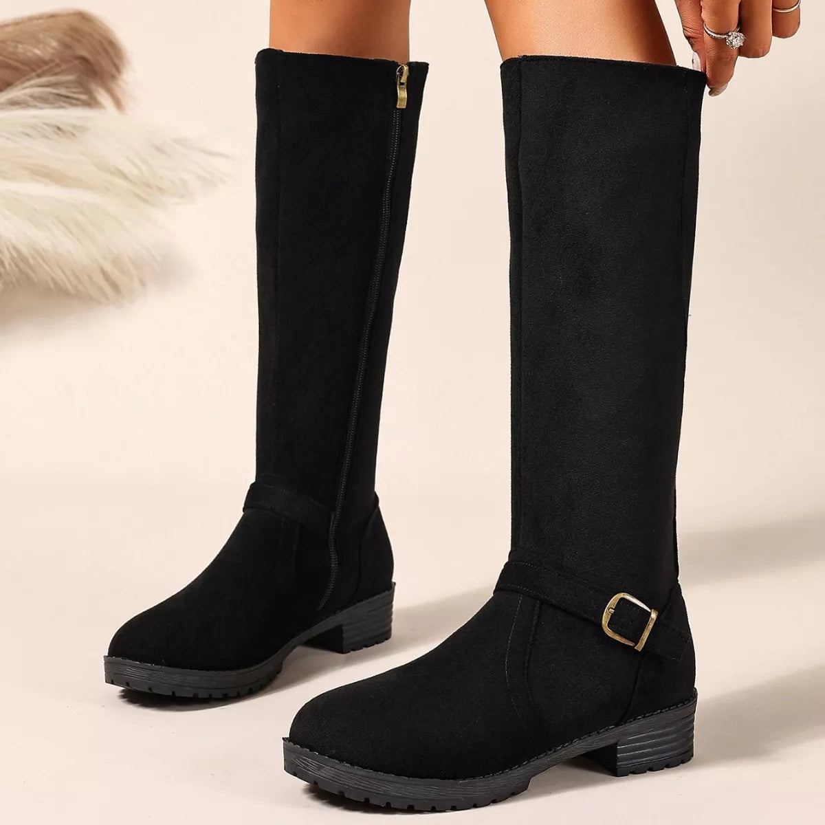 Knee-High Suede Buckle Accent Boots - Lilixa.store