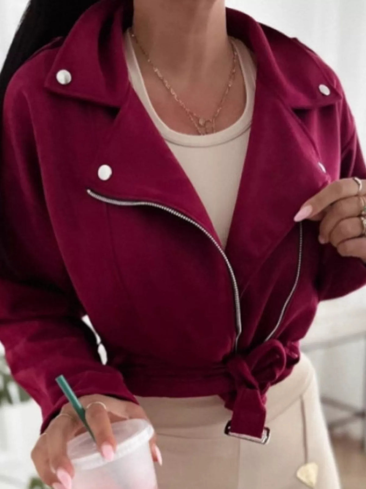 Cropped Biker Jacket with Belt Detail, view 3