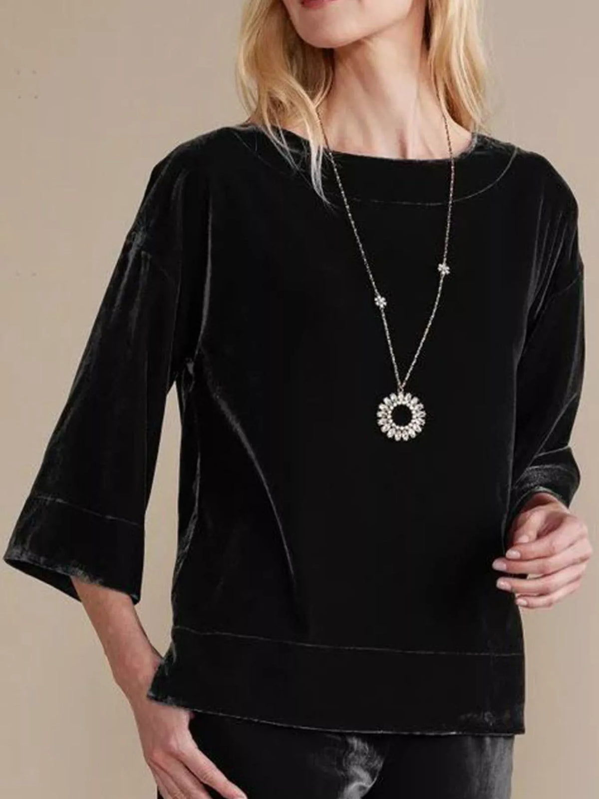 Velvet Boat-Neck T-Shirt with Three-Quarter Sleeves in Black