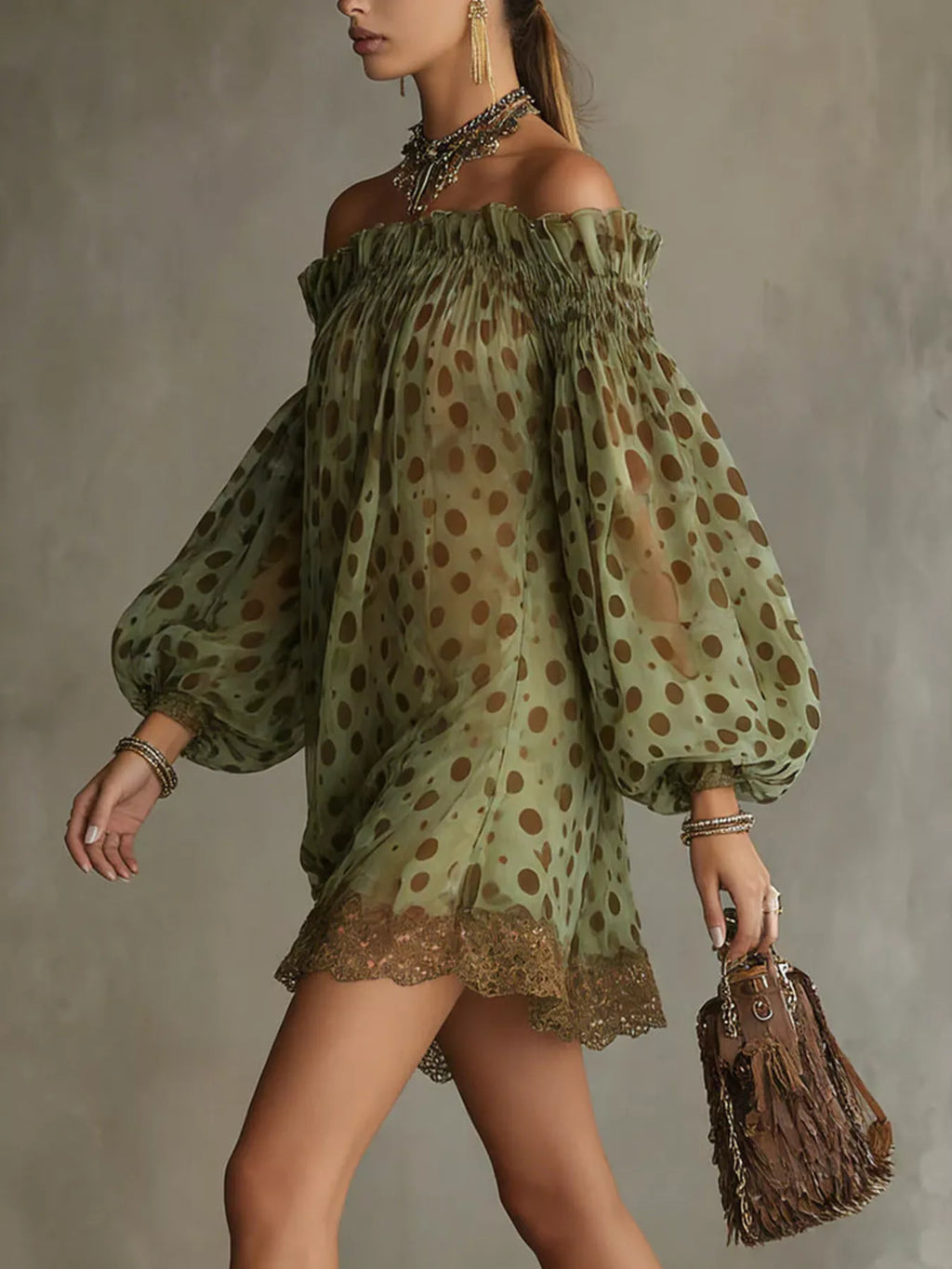 Off-Shoulder Polka Dot Sheer Mini Dress - Lilixa.store