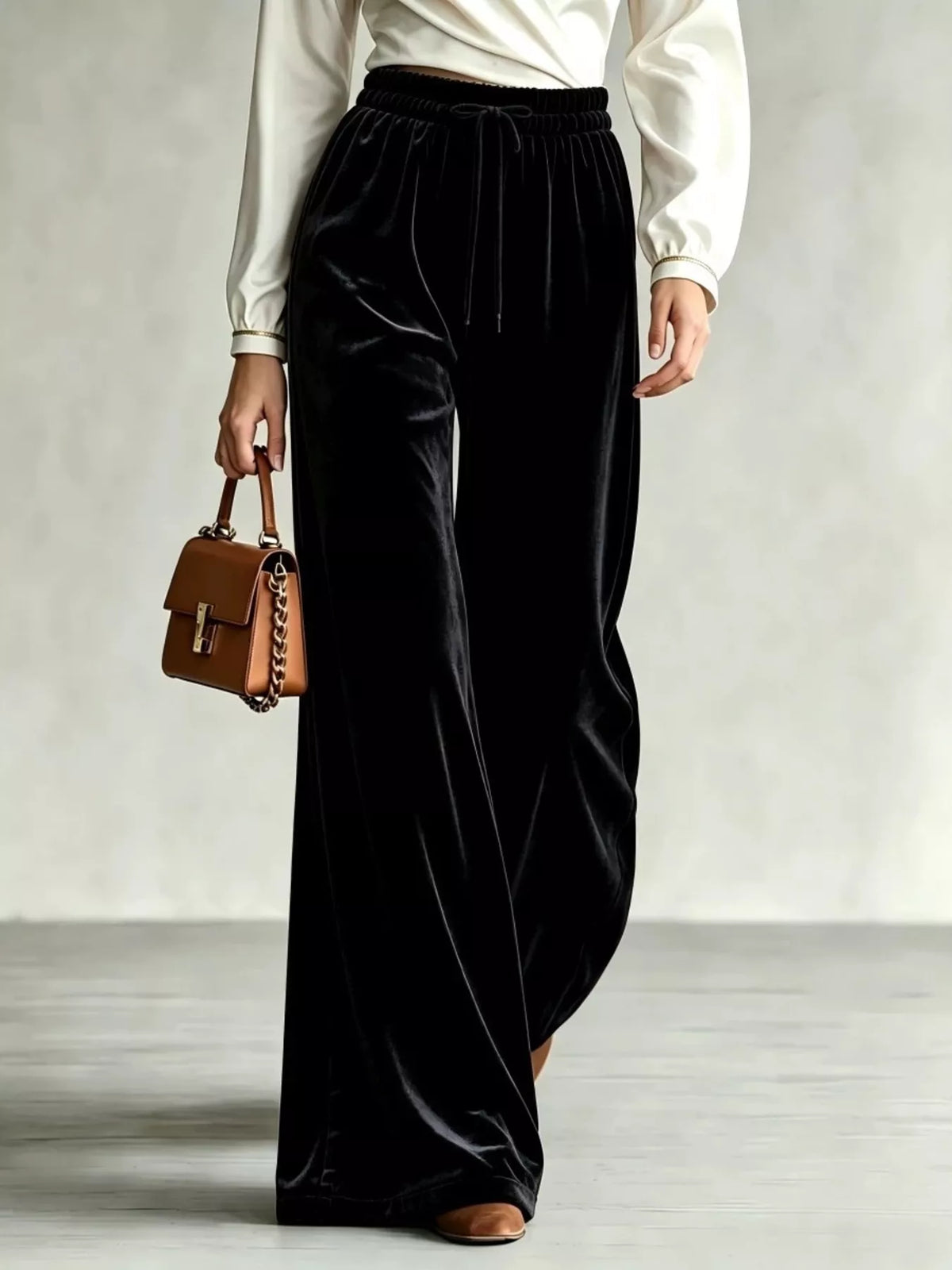 Velvet Wide-Leg Pants with Drawstring - Lilixa.store