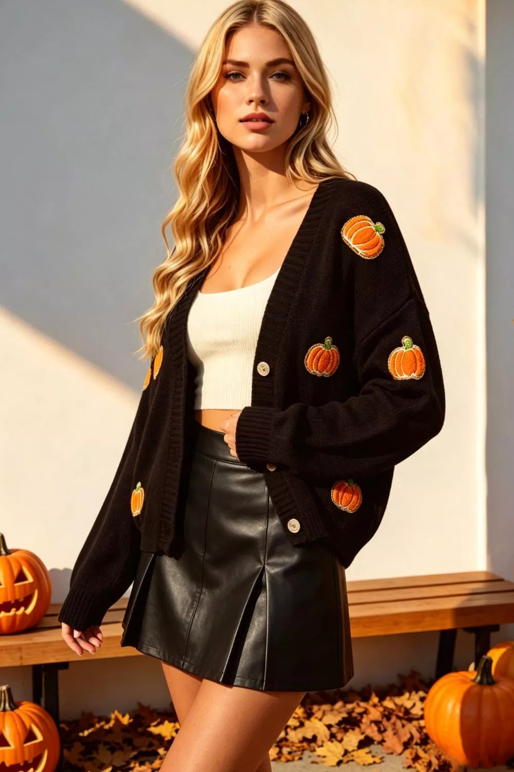 Double Take Full Size Pumpkin Button Up Long Sleeve Cardigan Plus Size - Lilixa.store