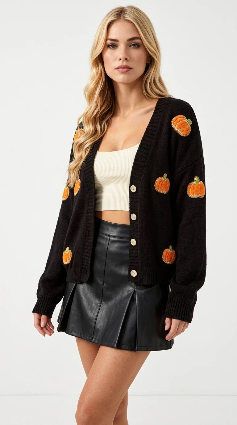 Double Take Full Size Pumpkin Button Up Long Sleeve Cardigan Plus Size in Black