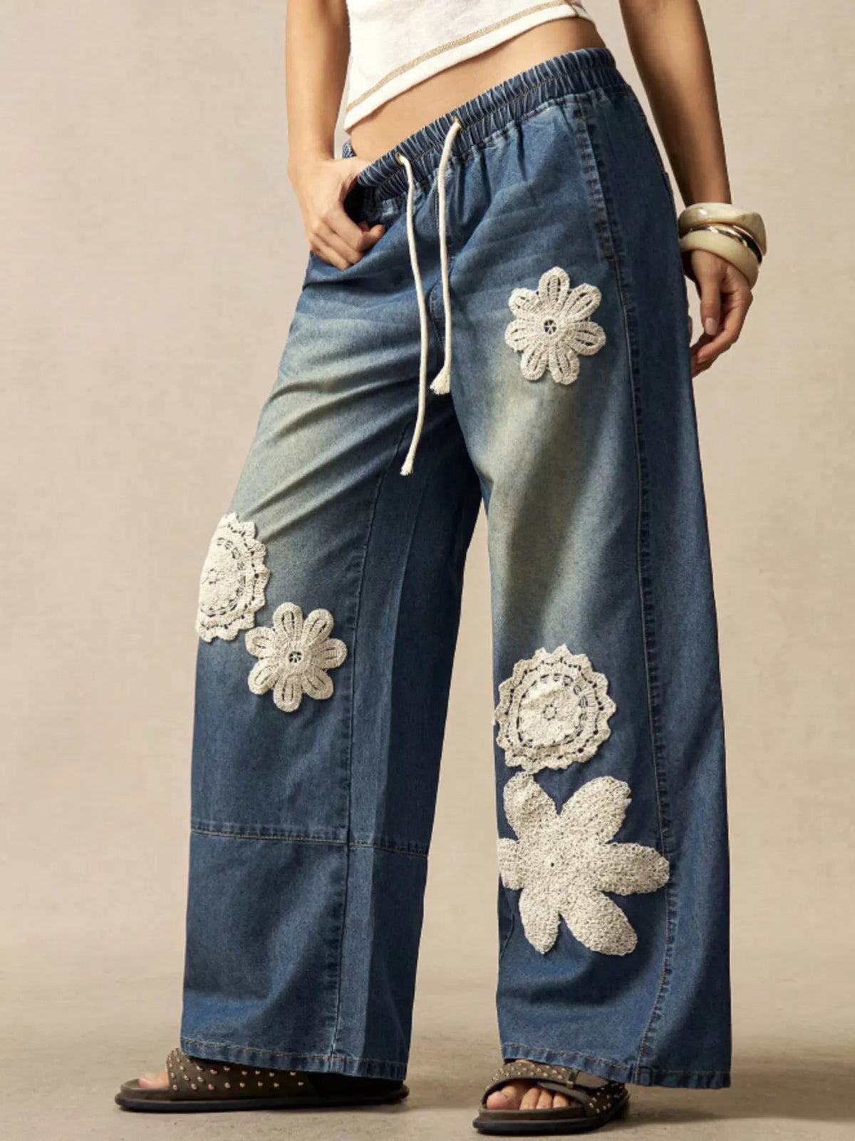 Wide-Leg Drawstring Jeans - Lilixa.store