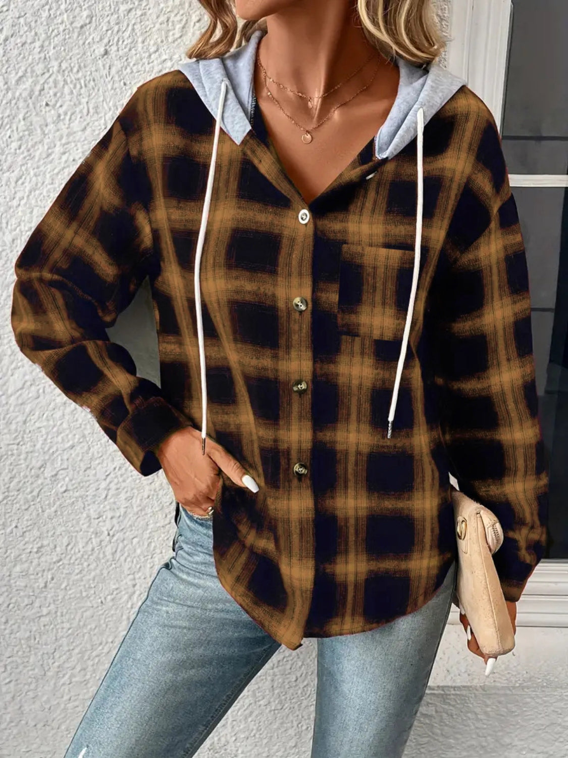 Plaid Drawstring Button Up Hooded Jacket in Tan