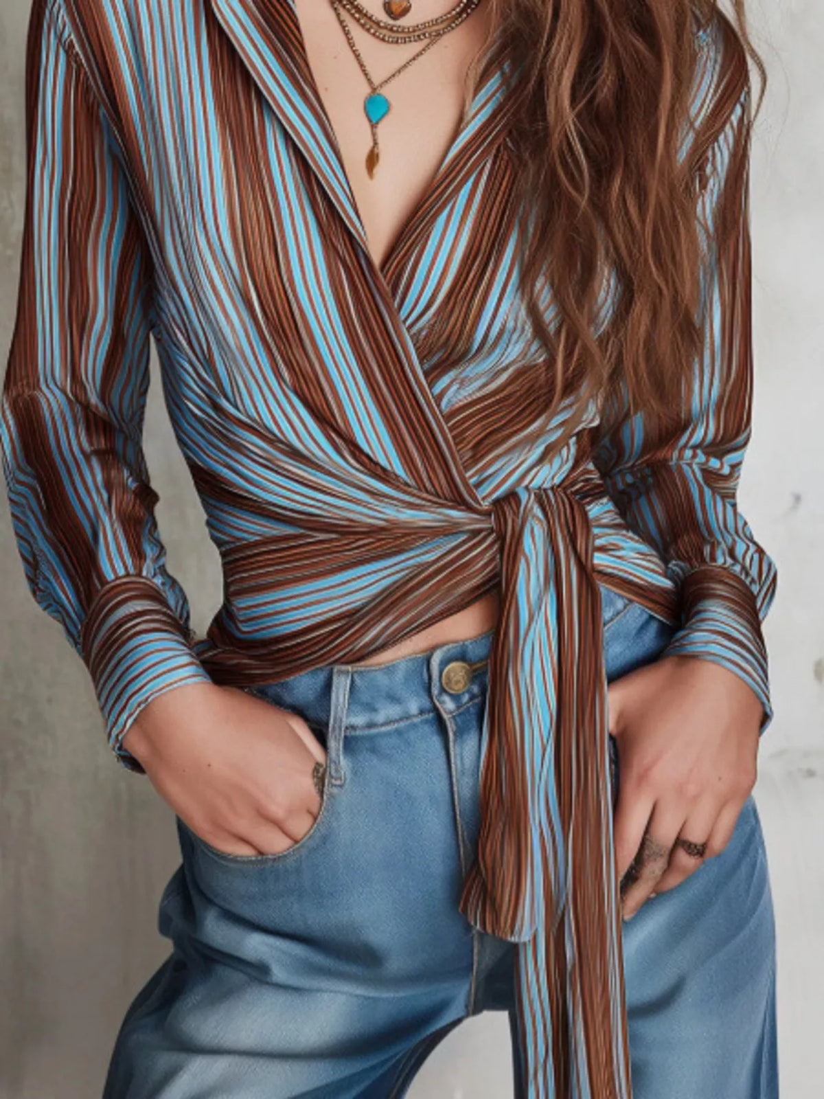 Striped Wrap Shirt with Tie-Front Detail - Lilixa.store