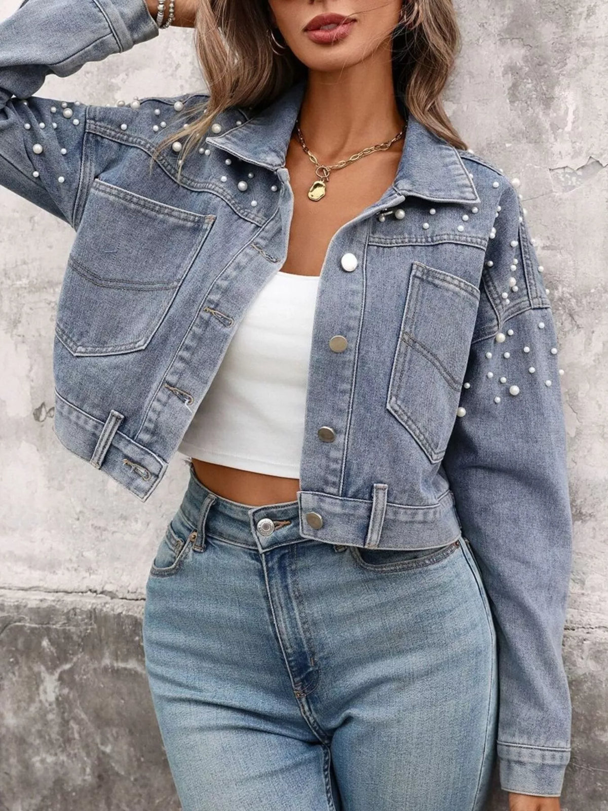 Pearl Embellished Cropped Denim Jacket, view 2