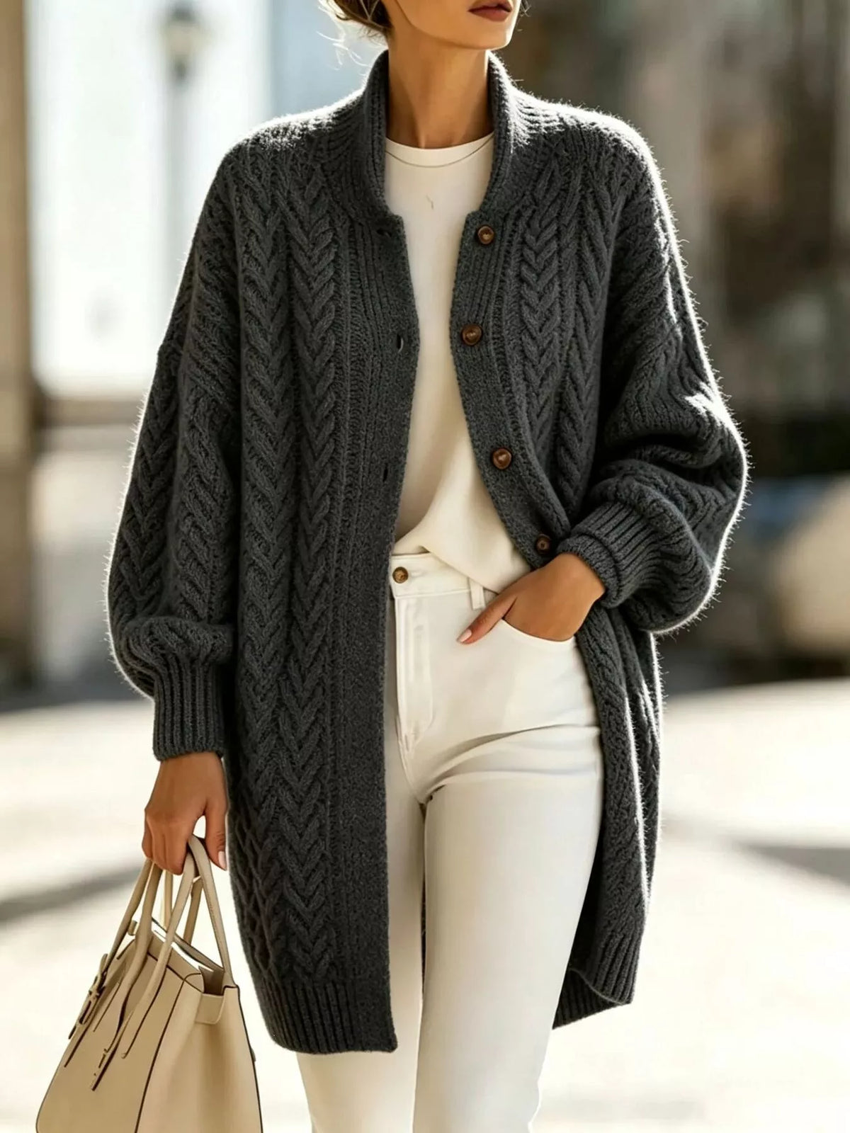 Full Size Cable-Knit Button-Down Cardigan Plus Size in Dark Gray