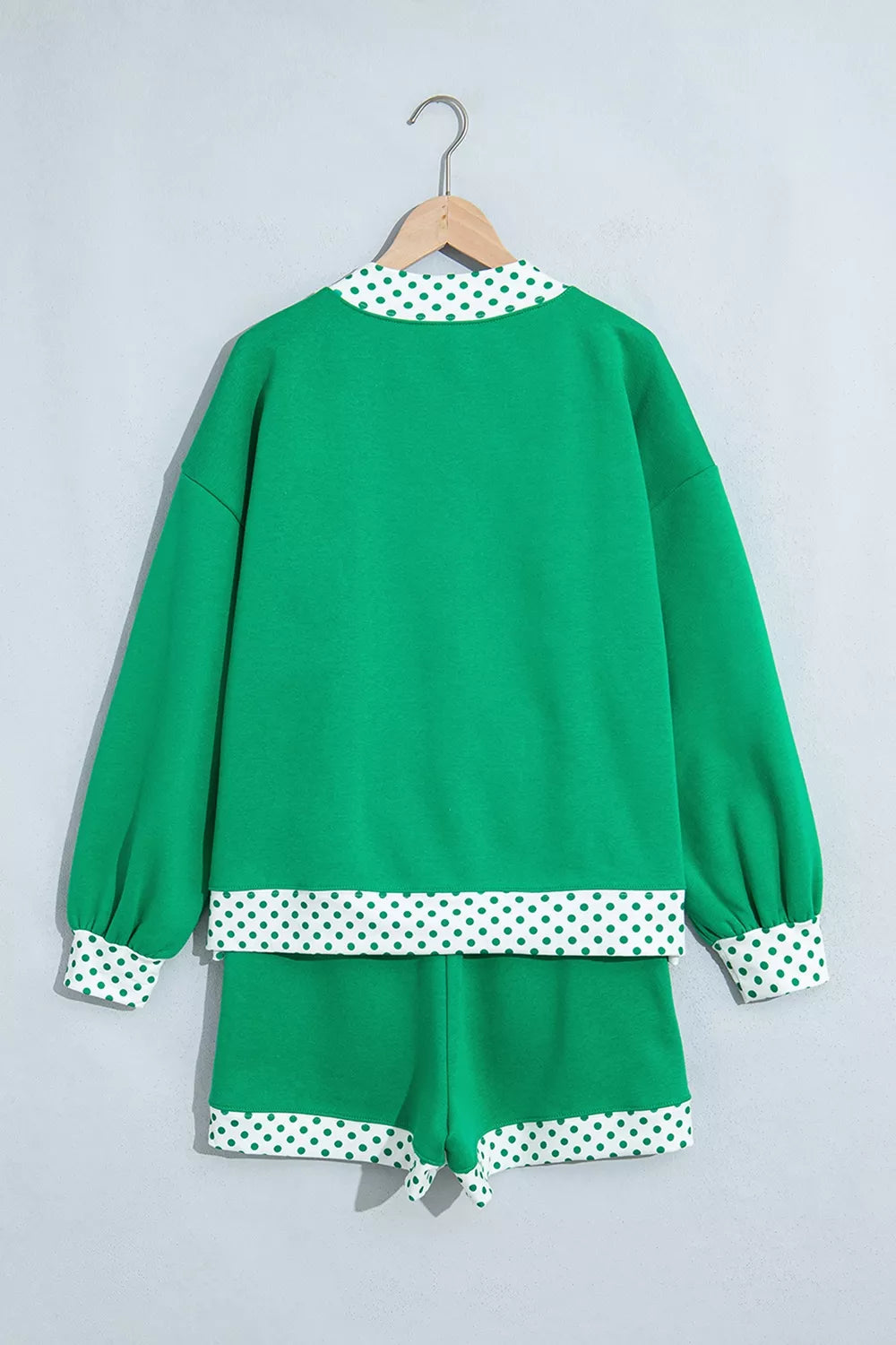 Polka Dot Trim Long Sleeve Sweatshirt and Shorts Set in Green, view 4