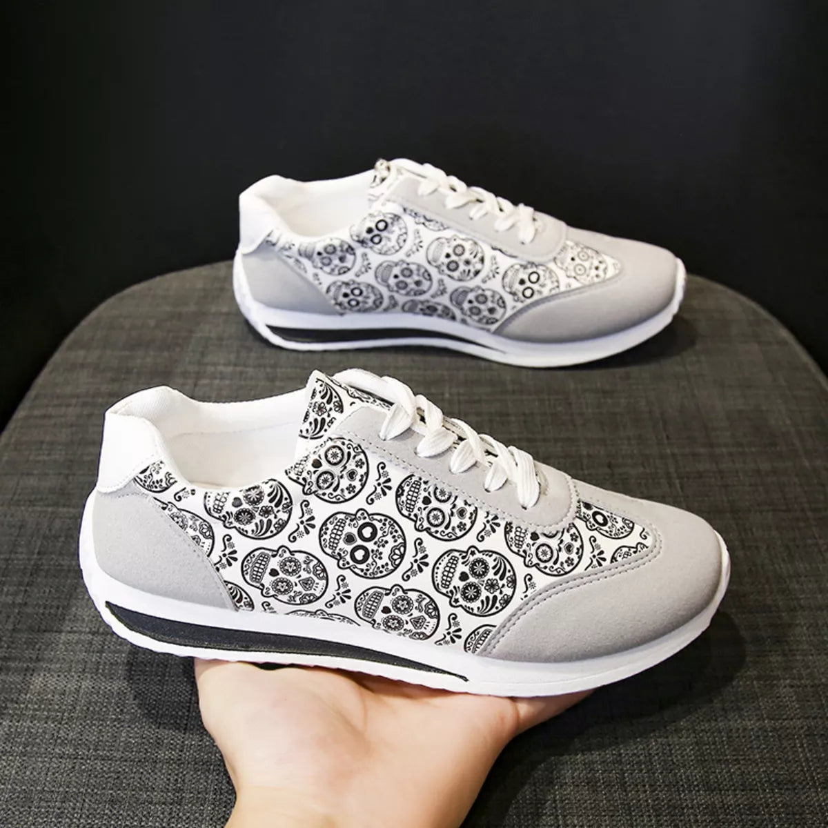 Skull Print Lace-Up Sneakers - Lilixa.store