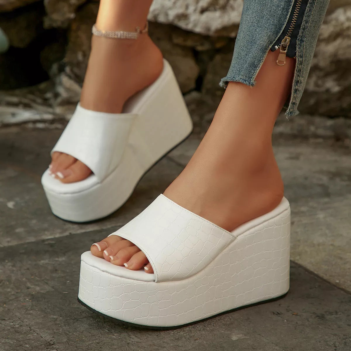 Open Toe Wedge Sandals in White