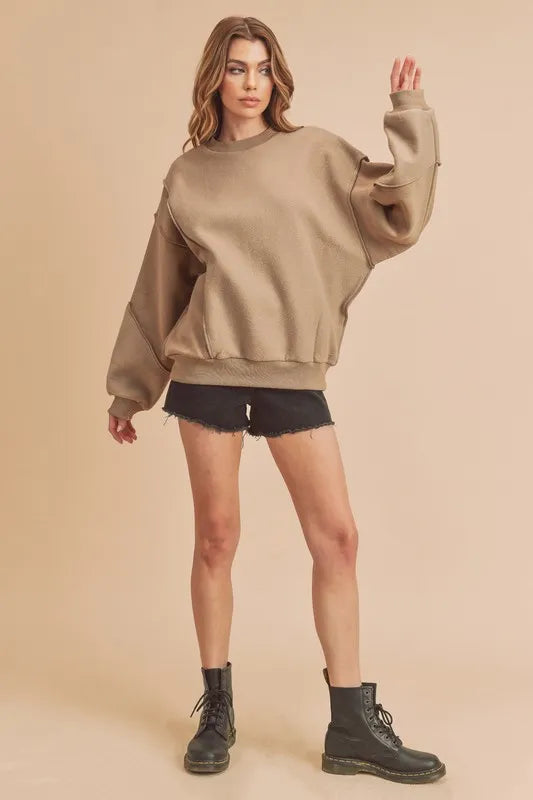 Aemi + Co Exposed Seam Round Neck Drop Shoulder Sweatshirt in Camel, view 3