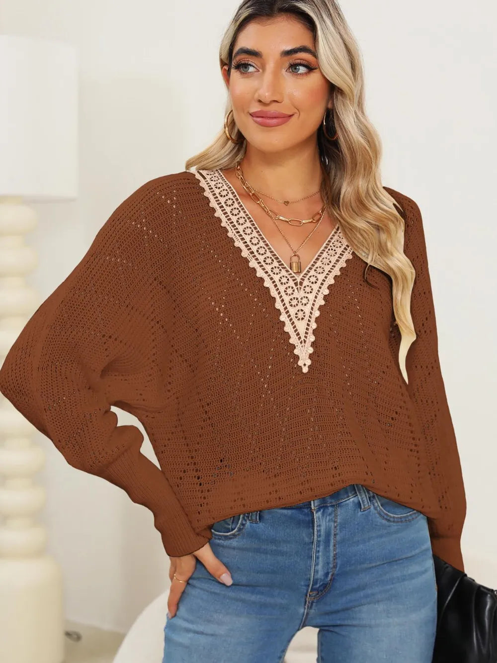 Lace Detail V-Neck Long Sleeve Sweater - Lilixa.store