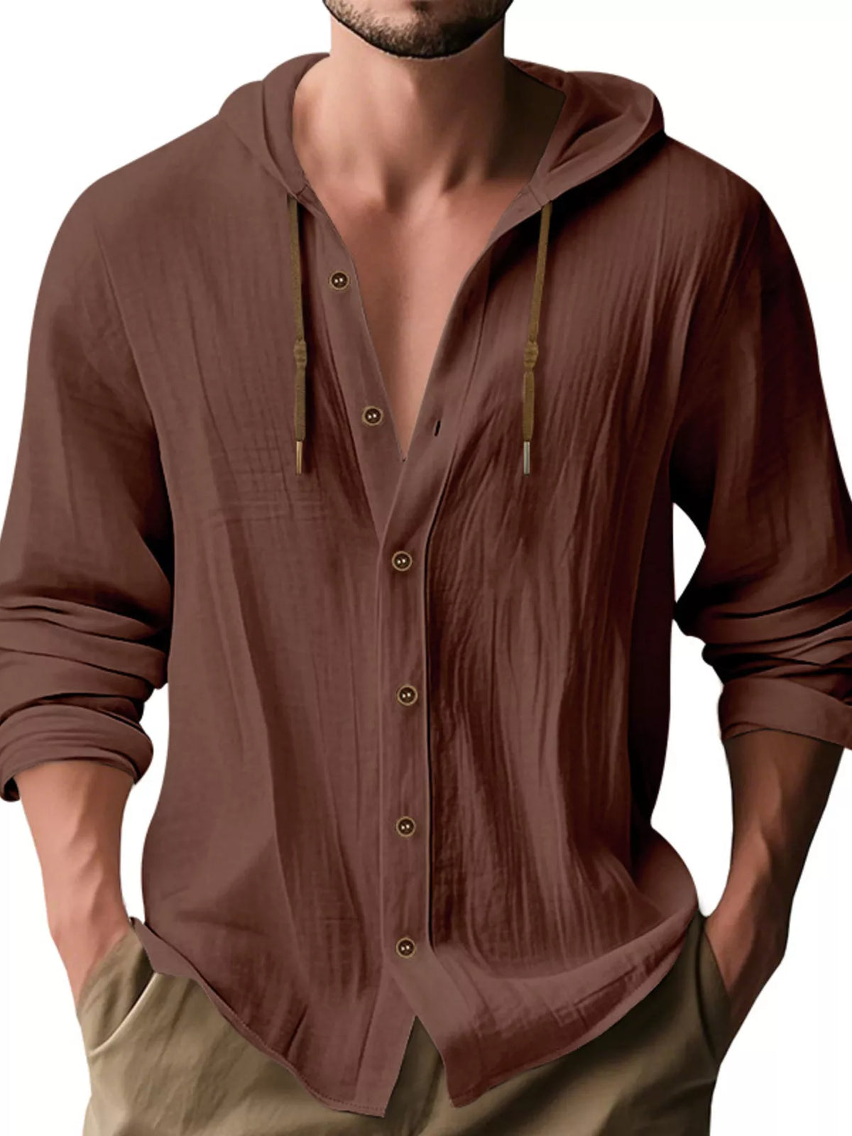 Men's Full Size Drawstring Button Up Hooded Shirt Plus Size - Lilixa.store