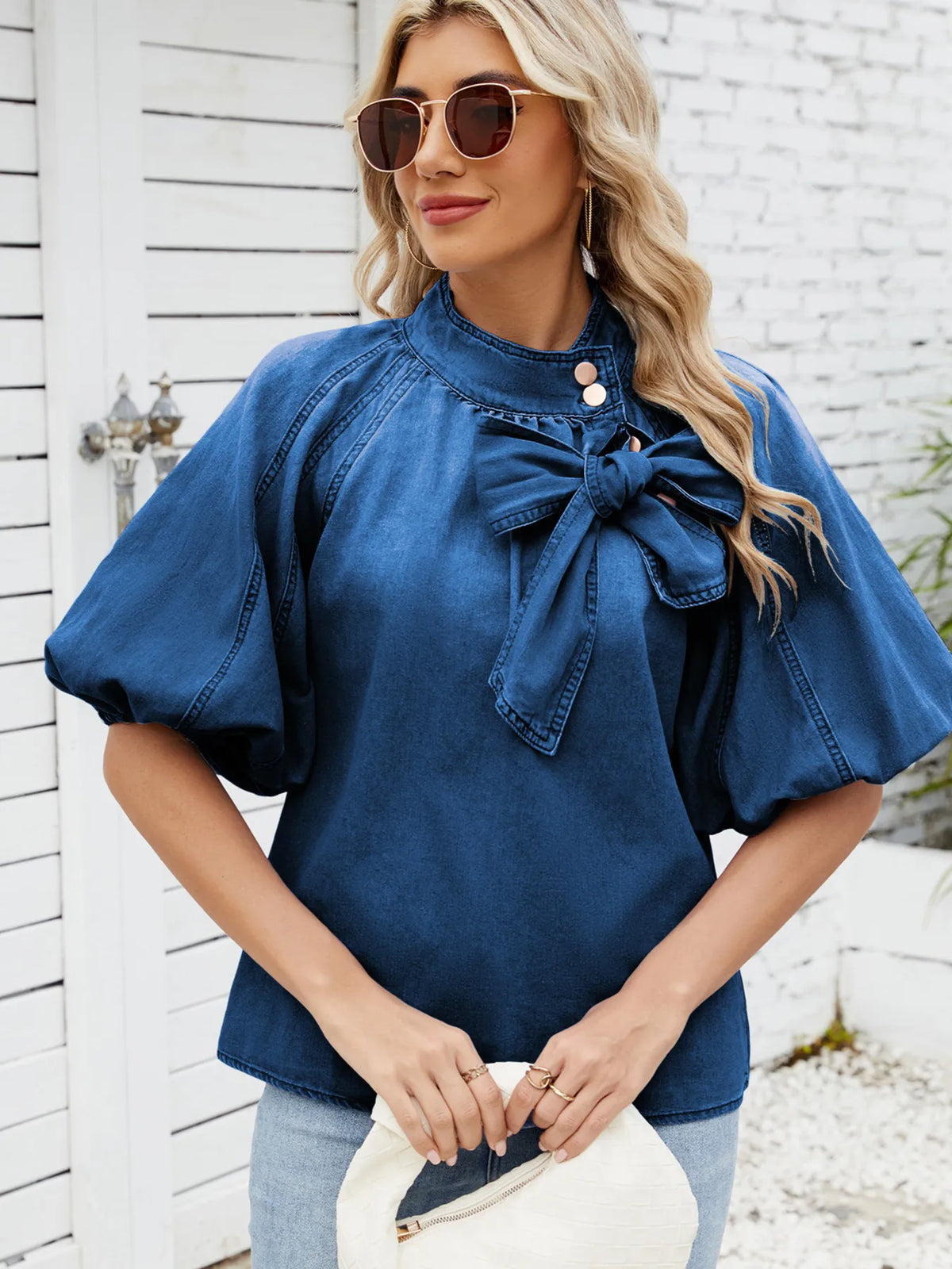 Denim Bow Tie Puff Sleeve Top - Lilixa.store