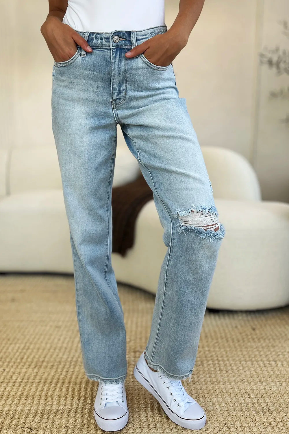 Judy Blue Full Size High Waist Distressed Straight Jeans - Lilixa.store
