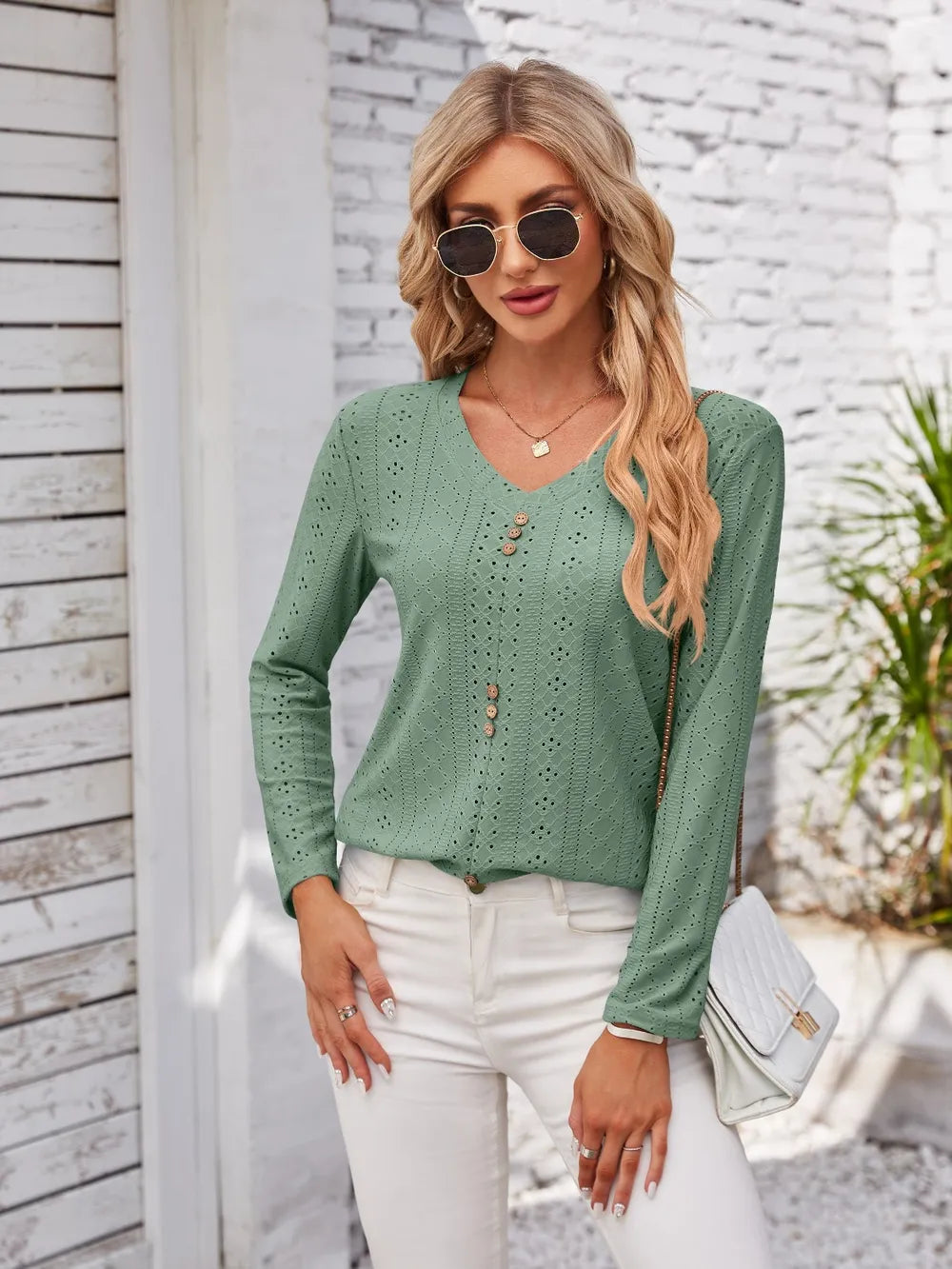 Decorative Button Openwork V-Neck T-Shirt - Lilixa.store
