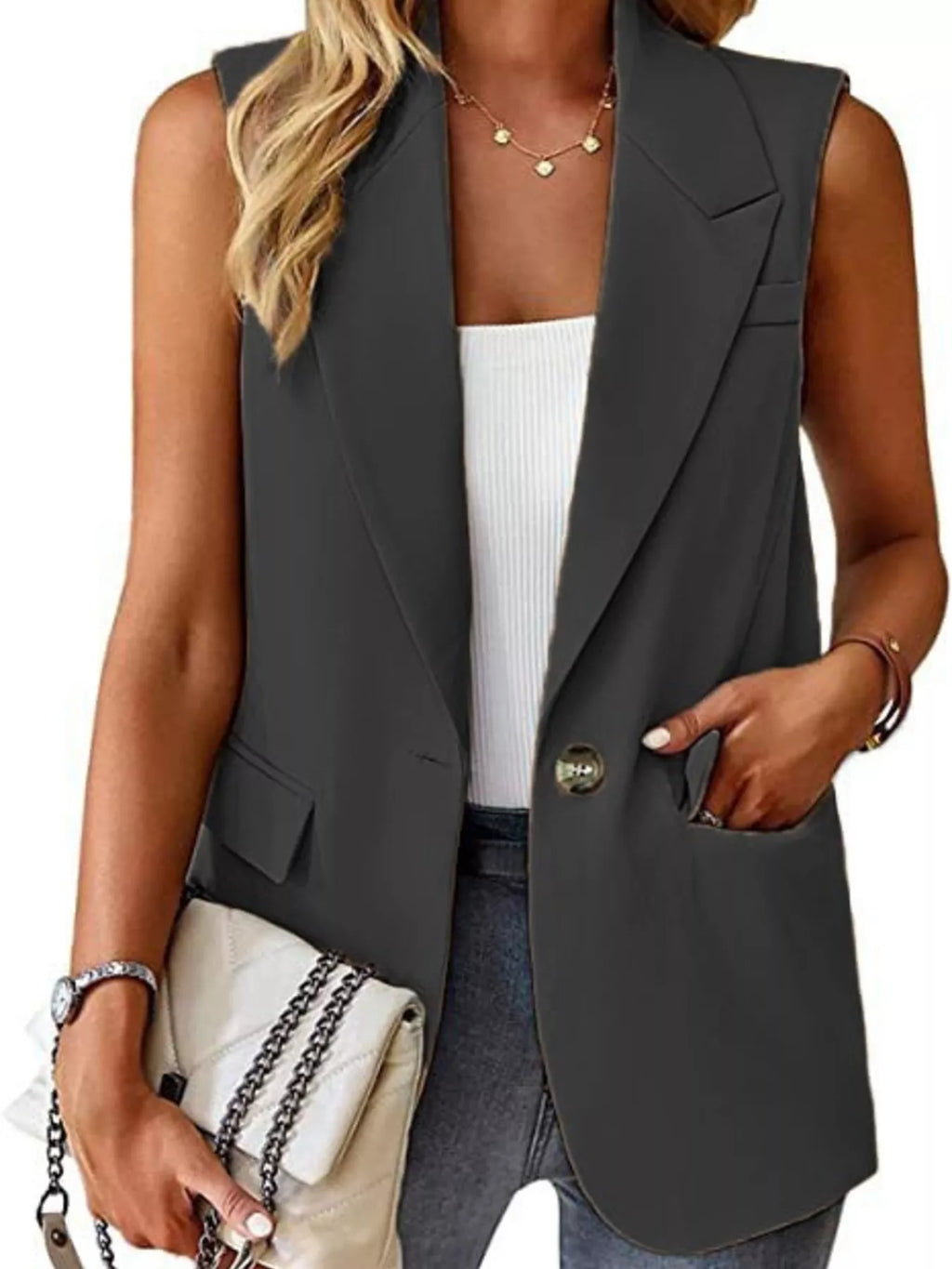 One Button Blazer Vest - Lilixa.store