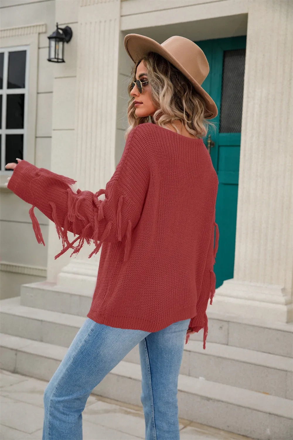 Angel Wings Fringe Round Neck Dropped Shoulder Sweater - Lilixa.store