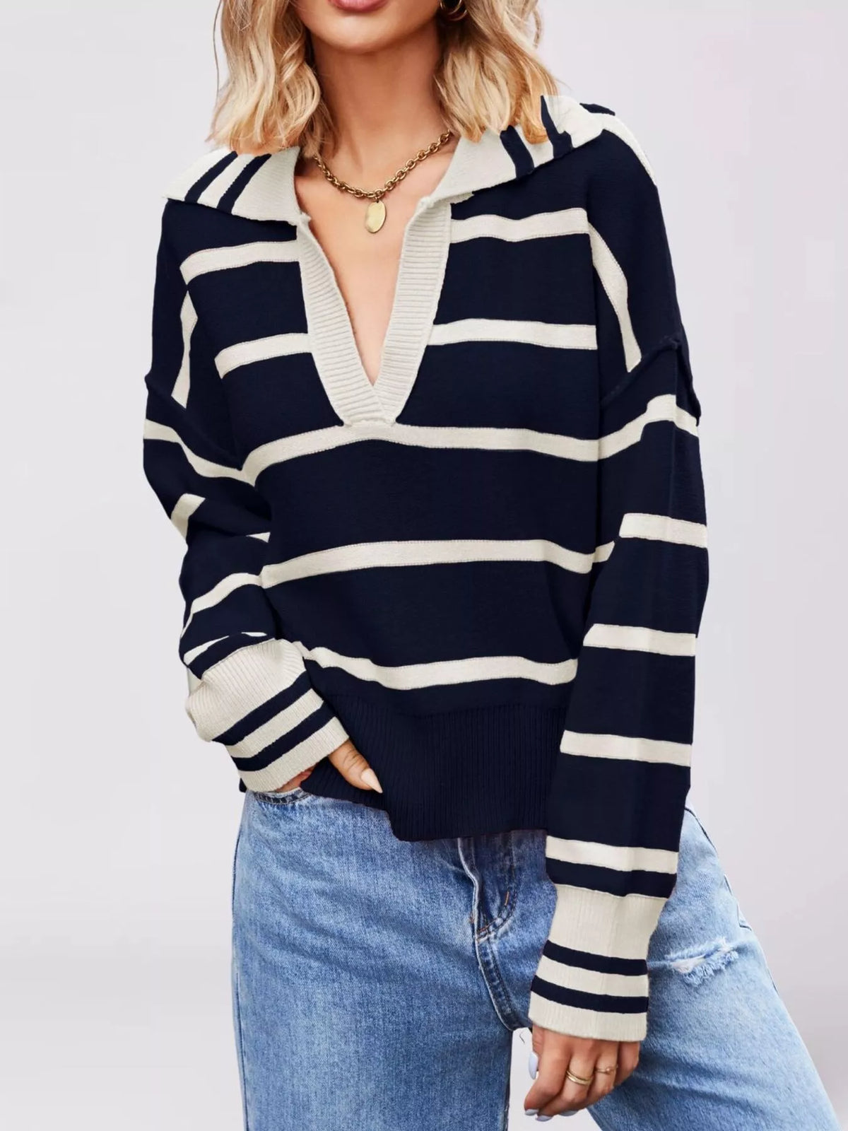 Striped Johnny Collar Dropped Shoulder Sweater - Lilixa.store