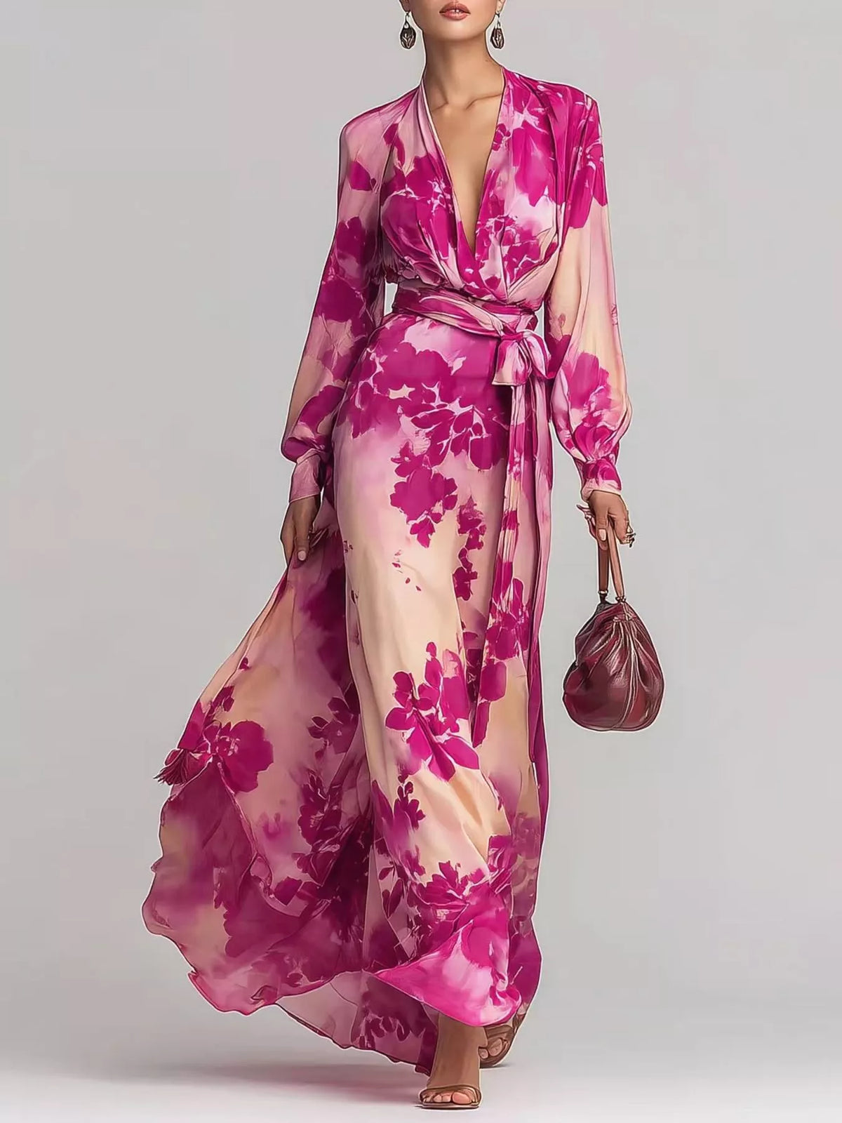Floral Print Maxi Dress with Waist-Tie Detail - Lilixa.store