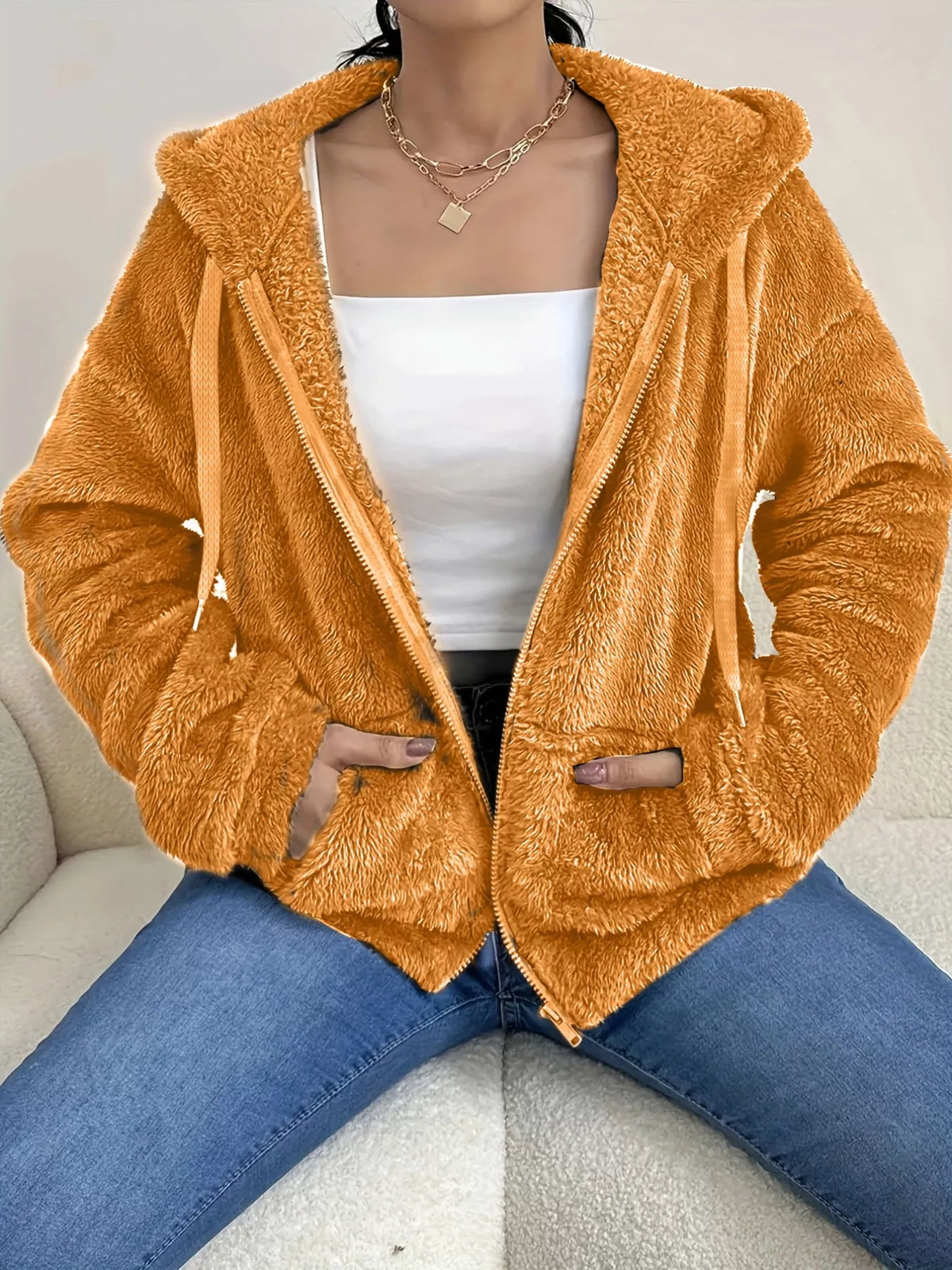 Drawstring Fleece Zip-Up Outerwear, view 9