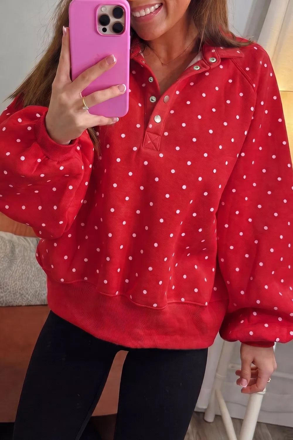 Polka Dot Snap-Button Sweatshirt in Deep Red