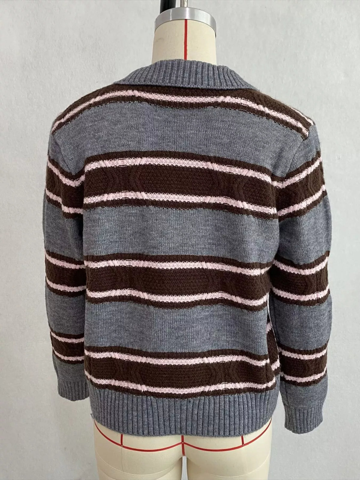 Vintage-Inspired Striped Knit Cardigan with Polo Collar, view 18