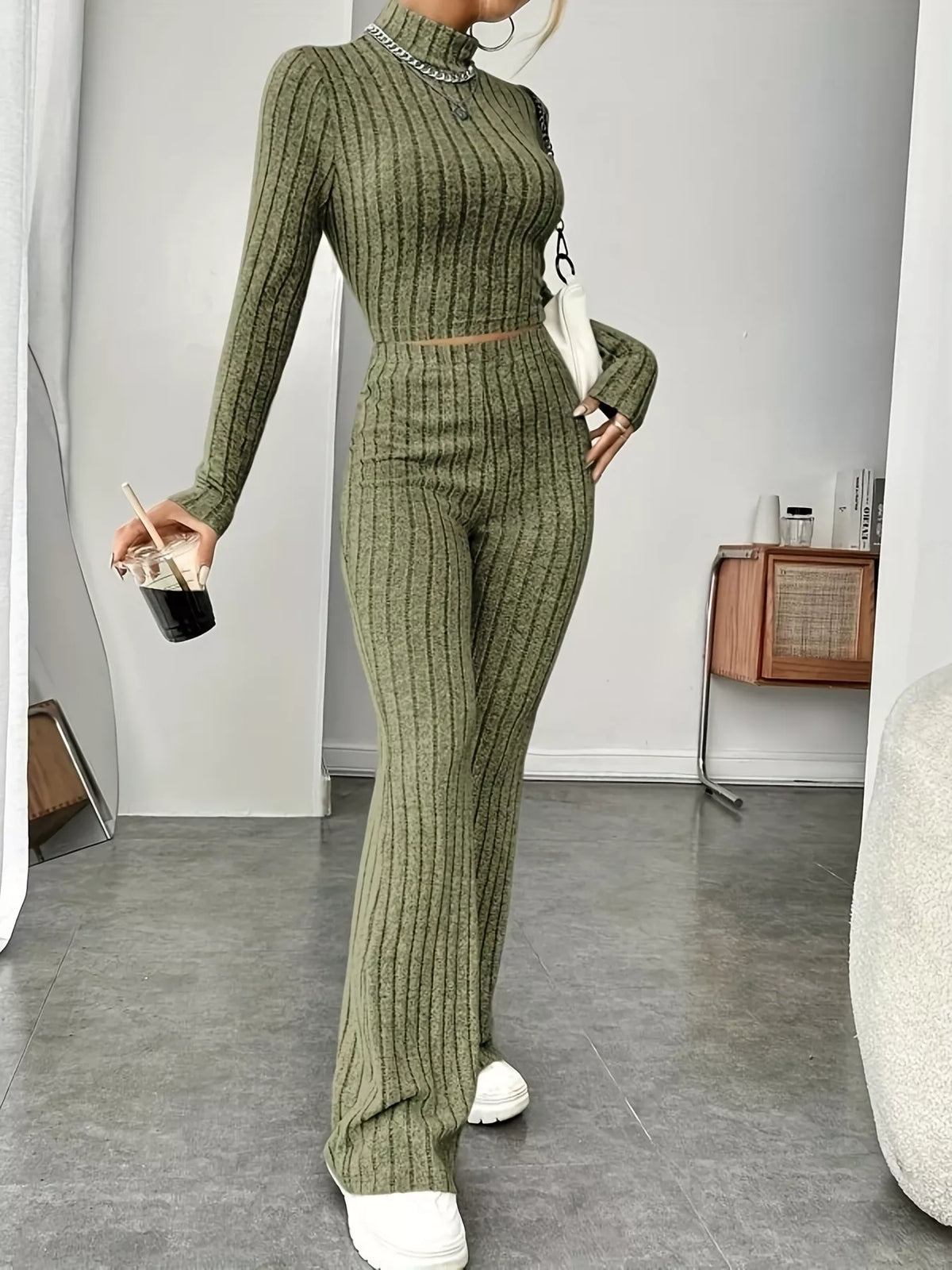 Ribbed Turtleneck Crop Top and Flare Pants Sweater Set - Lilixa.store