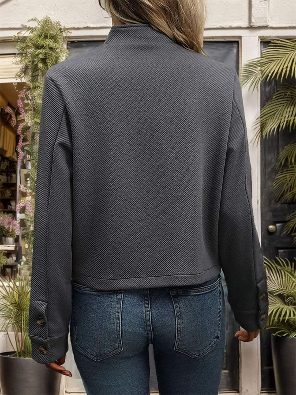 Perfee Textured Button Up Long Sleeve Jacket in Dark Gray, view 2