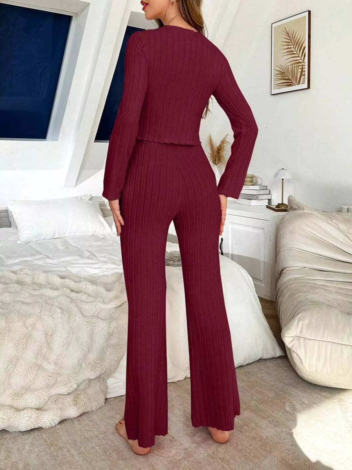 Bow Detail Ribbed Knit Top and Pants Lounge Set - Lilixa.store