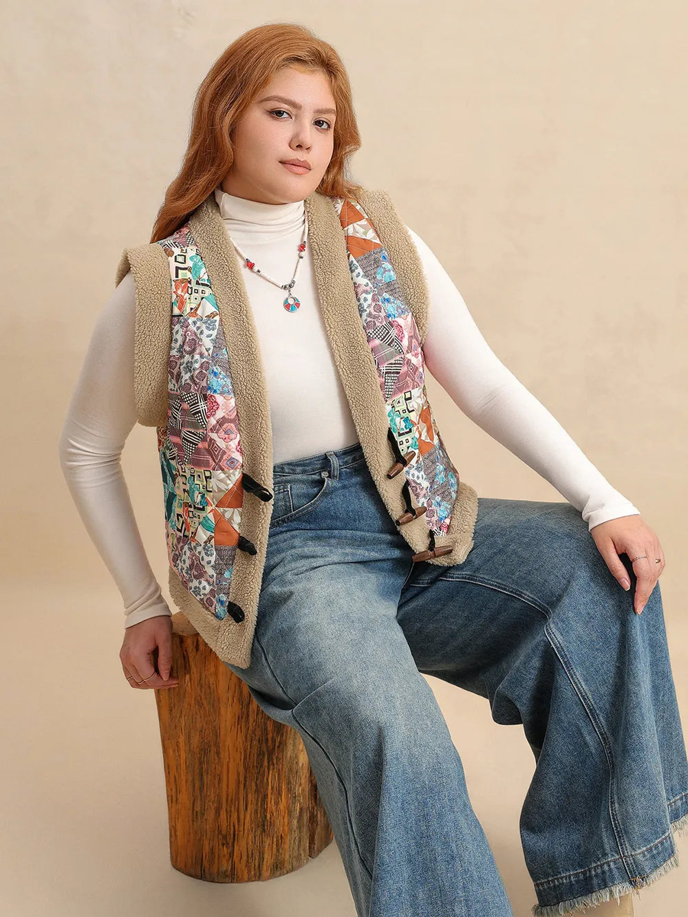 Plus Size Printed Sherpa Vest Coat in Multicolor, view 5