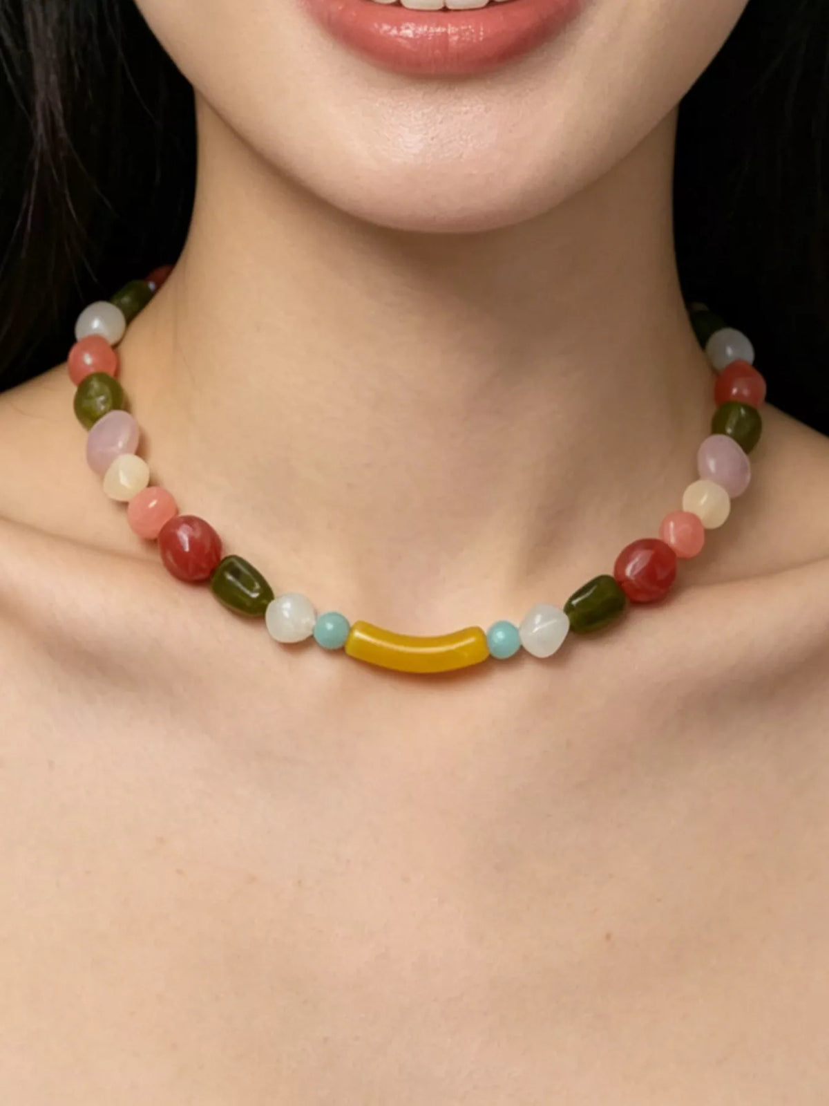 Colorful Beaded Choker Necklace in Pastel Yellow, view 5