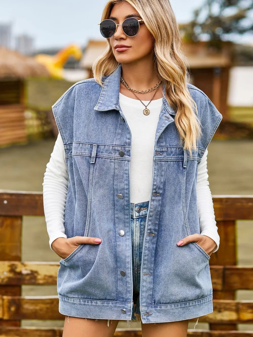 Button Up Collared Neck Sleeveless Denim Jacket - Lilixa.store