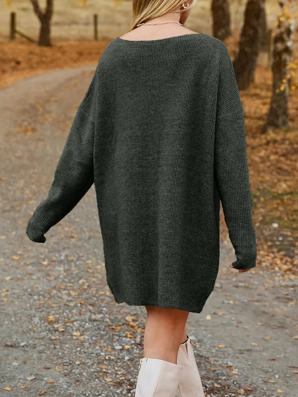 V-Neck Dropped Shoulder Sweater Dress, view 16