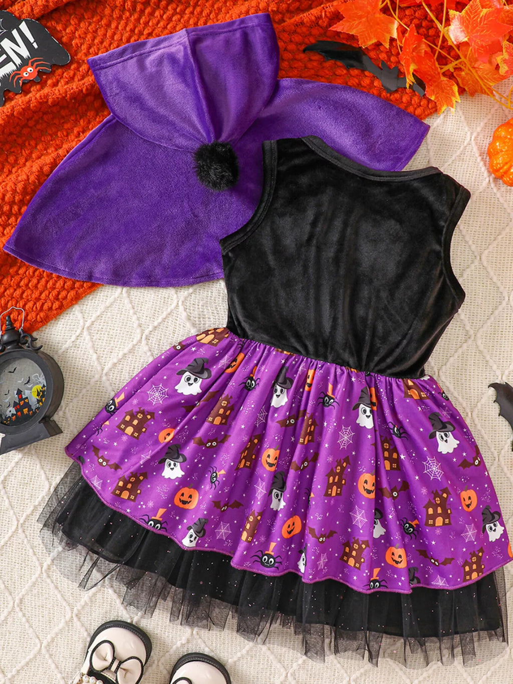Children's Halloween Hooded Cape and Printed Dress Witch Costume Set - Lilixa.store