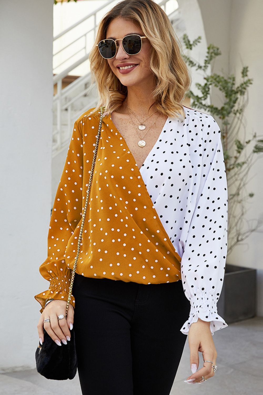 Ivy Lane Polka Dot Surplice Neck Lantern Sleeve Blouse in Tangerine, view 3