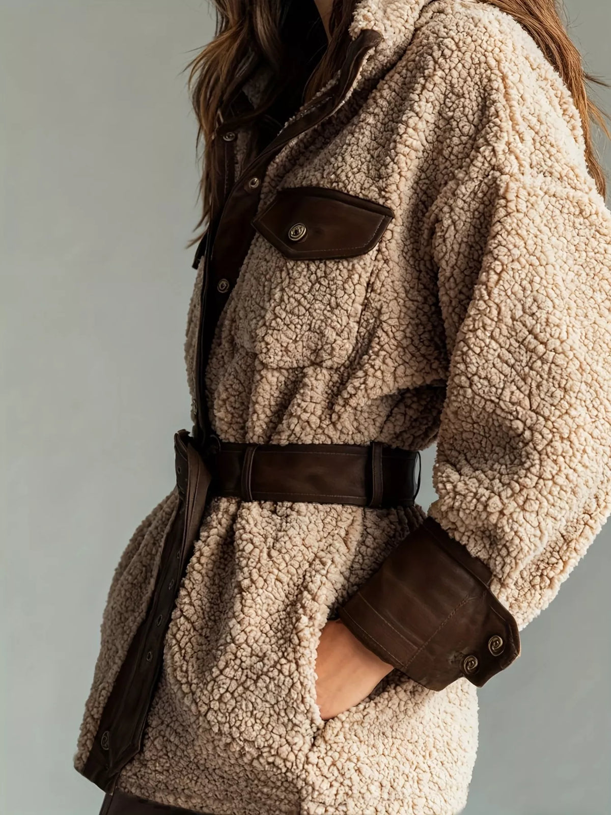 Leather Trim Sherpa Outerwear with Pockets in Khaki, view 3