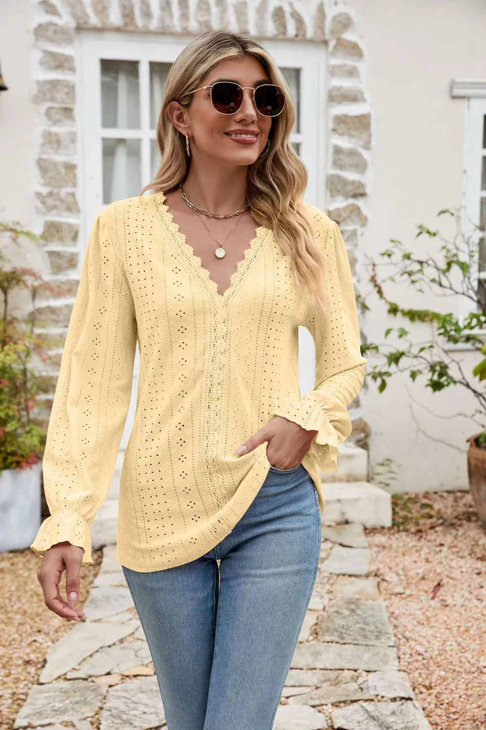 Eyelet Lace Trim Flounce Sleeve Blouse in Light Yellow