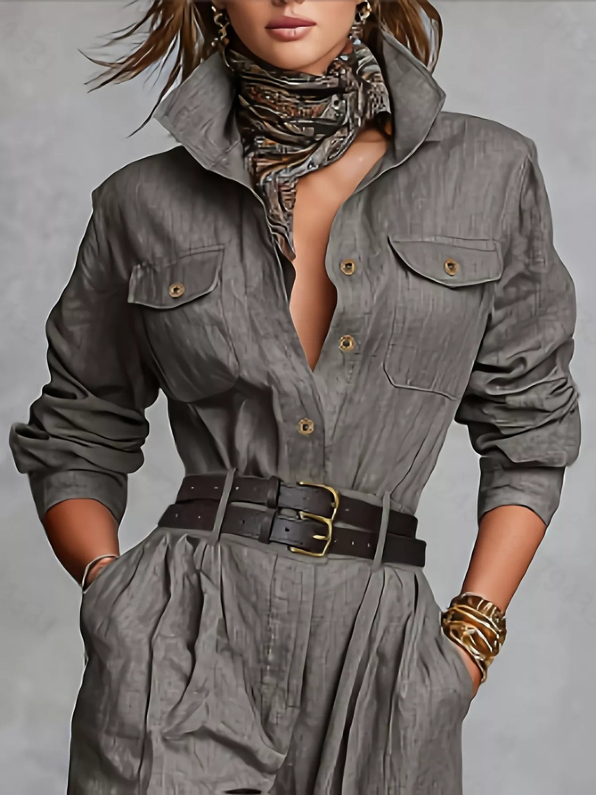 Button Front Long-Sleeve Jumpsuit