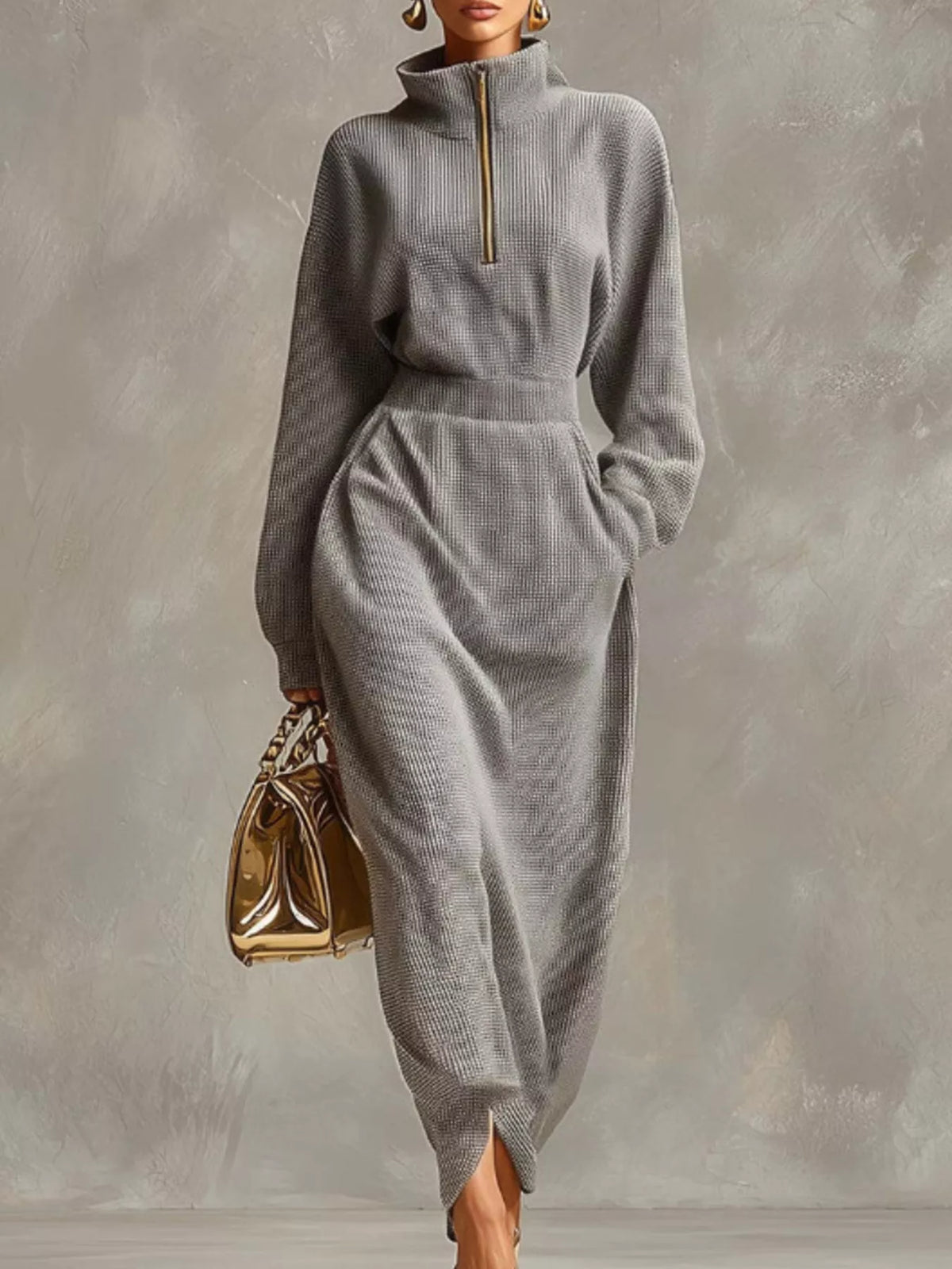 Waffle Knit Quarter-Zip Midi Dress - Lilixa.store
