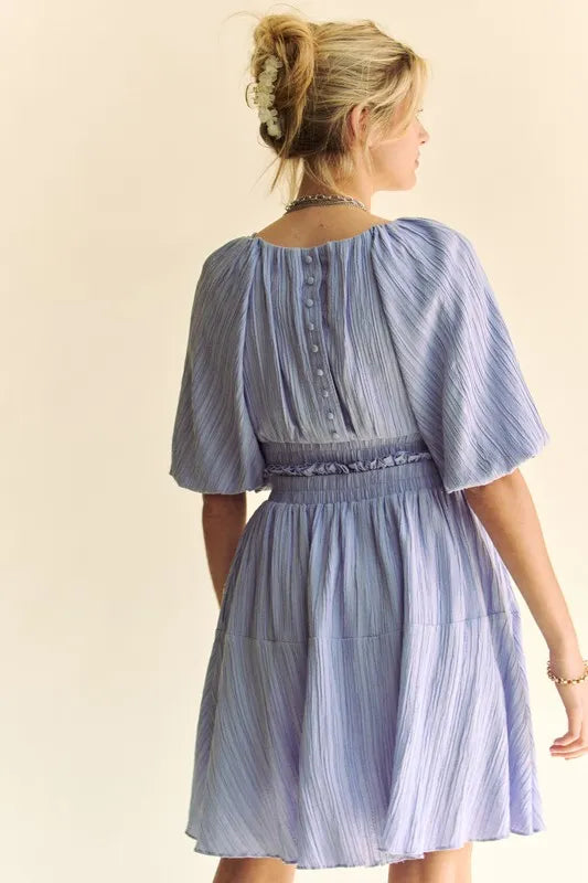 Davi & Dani Back Button Puff Sleeve Mini Dress - Lilixa.store
