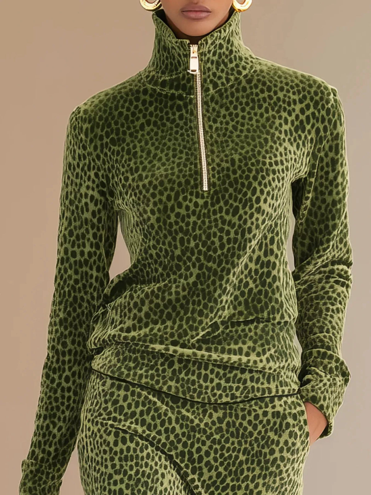 Leopard Print Velour Quarter-Zip Top and Skirt Set in Moss, view 2