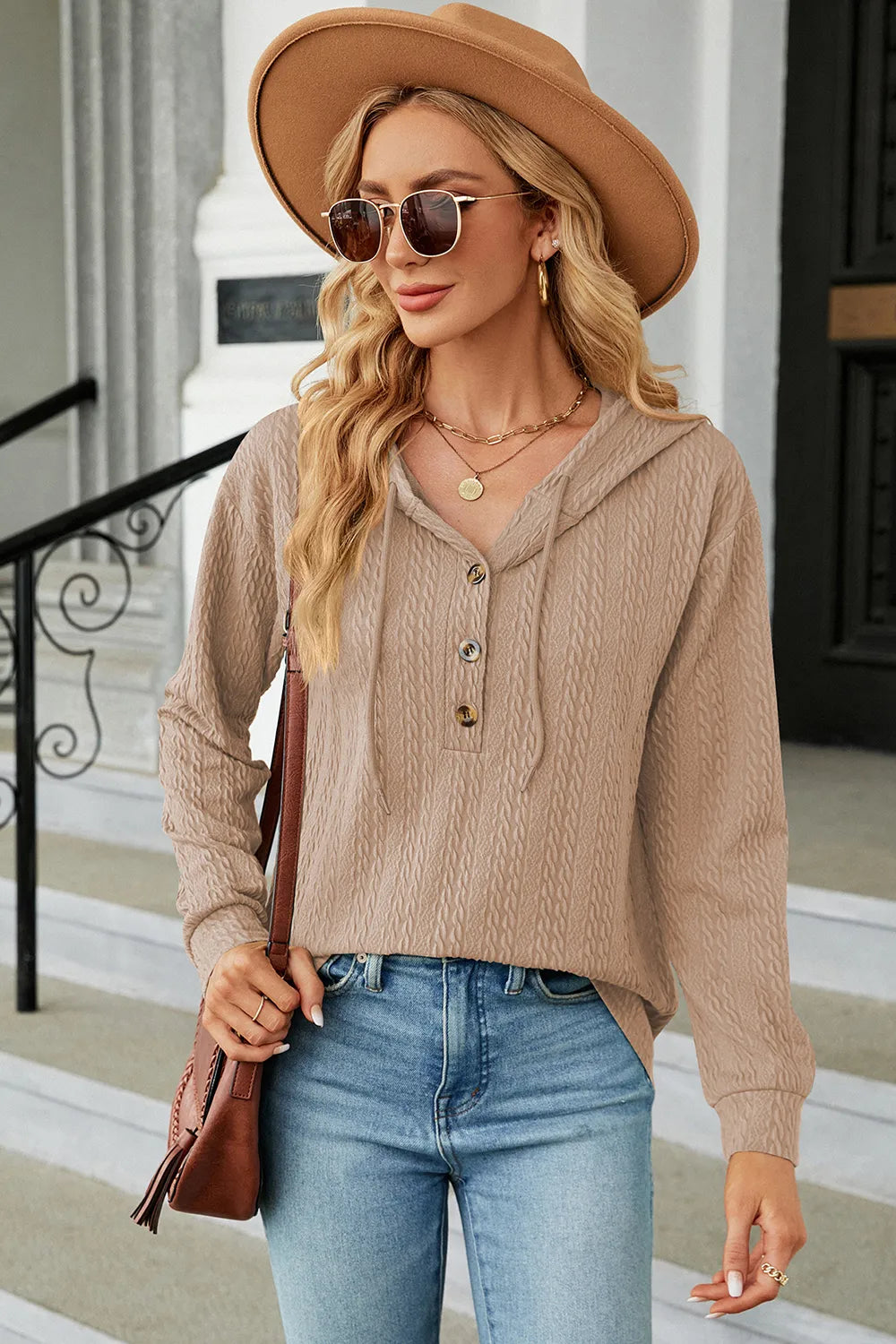 Drawstring Half Button Long Sleeve Hoodie - Lilixa.store