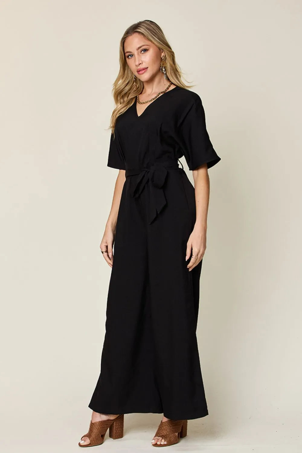 Double Take Full Size V-Neck Tied Side Slit Jumpsuit in Black, view 4