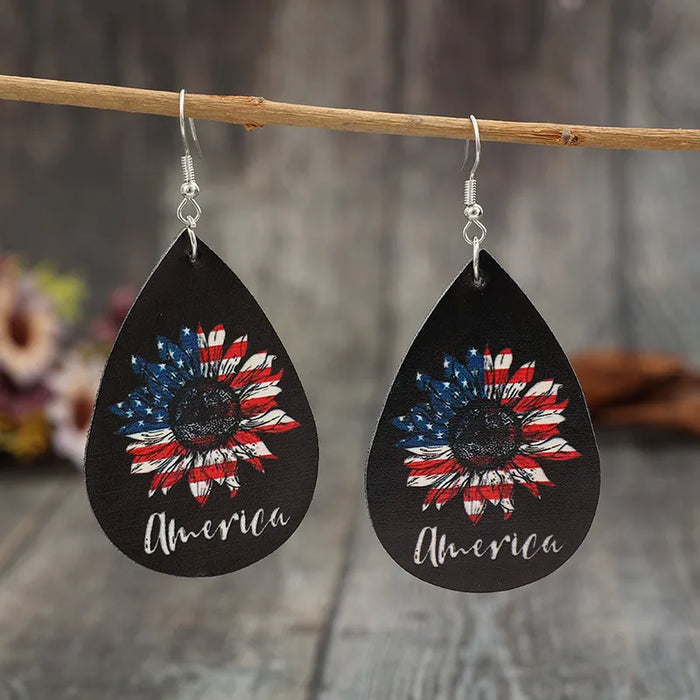 PU Leather Sunflower Teardrop Shape Earrings in Black